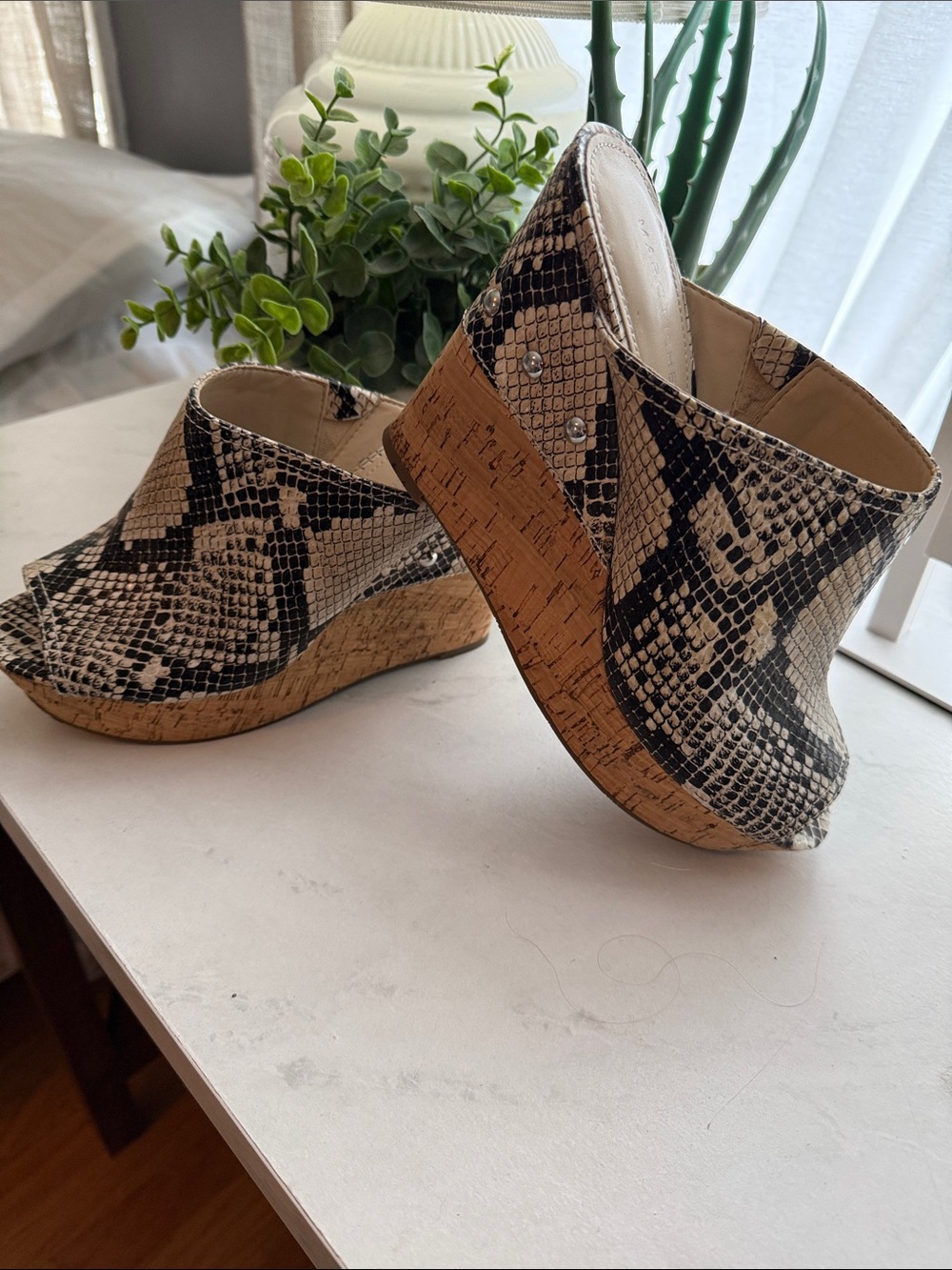 Marc Fisher Neutral Snake-Print Cork Wedge Mules